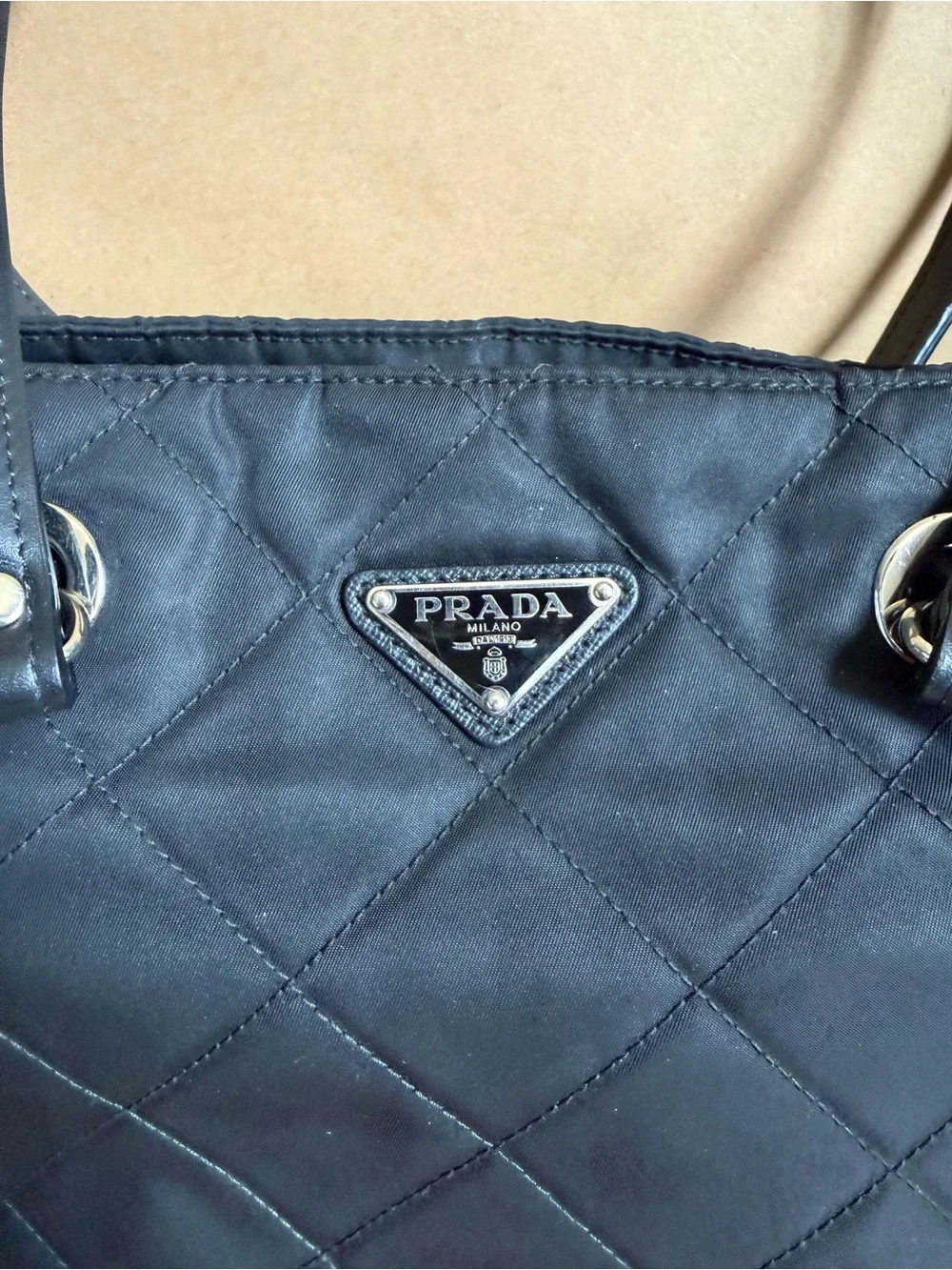 Prada Black Quilted Nylon Tote with Leather Handles